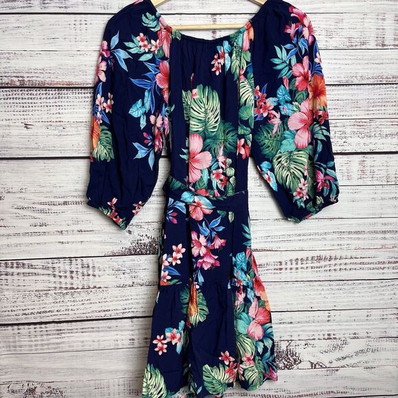 Tommy Bahama Flora Off Shoulder Dress Coverup XS Navy Belt Tropical Hawaiian NWT - Picture 10 of 16